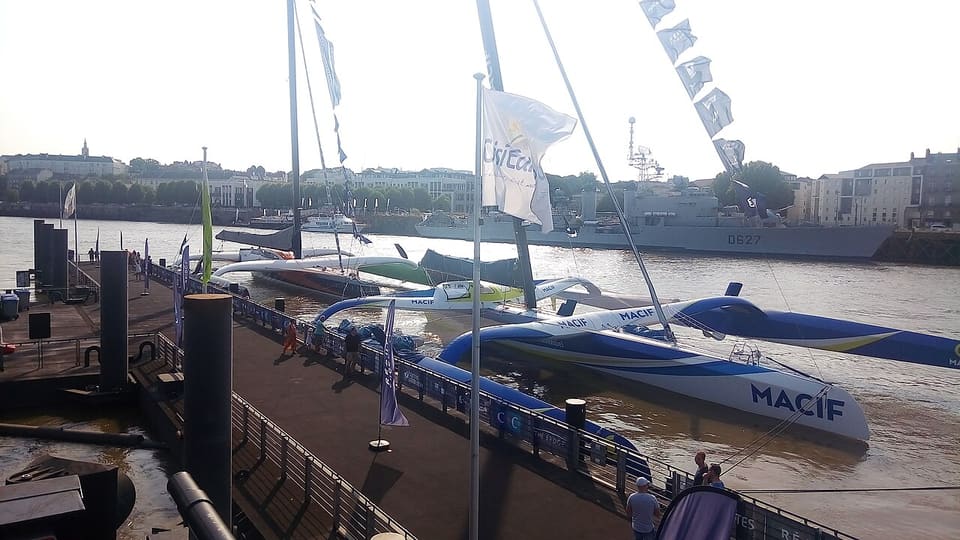The Ultim trimarans MACIF and Sodebo alongside in Nantes in 2017