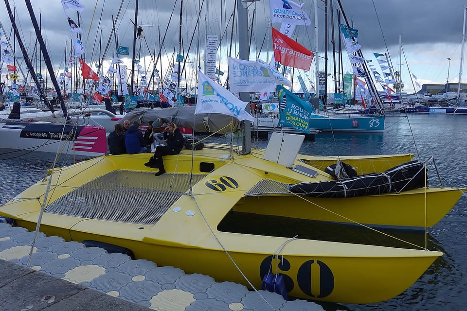 Trimaran moored at the 2018 Route du Rhum race village in Saint-Malo